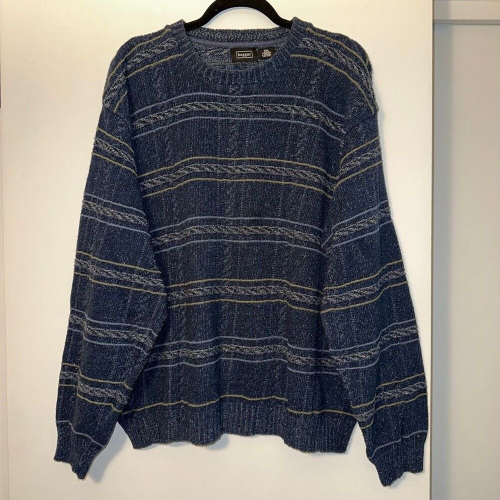 Haggar Vintage Men’s XXL Crewneck Long Sleeve Sweater Navy Blue Stripe EUC